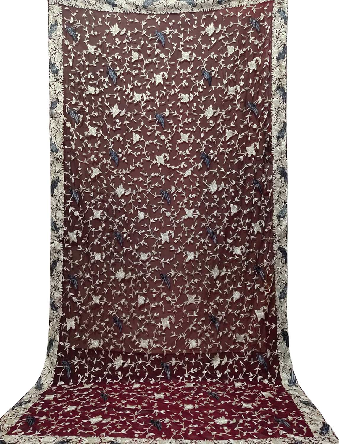 Maroon Parsi Hand Embroidered Pure Georgette Dupatta - Luxurion World