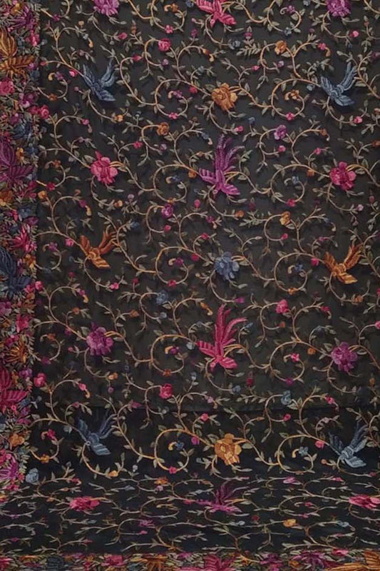 Black Parsi Hand Embroidered Pure Georgette Dupatta - Luxurion World