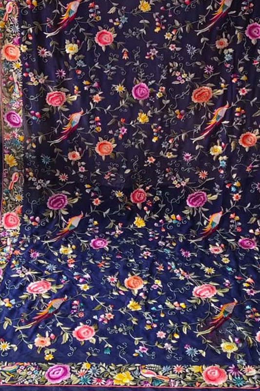 Blue Parsi Hand Embroidered Pure Georgette Dupatta - Luxurion World