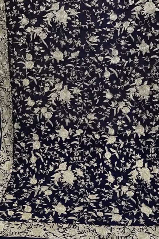 Black Parsi Hand Embroidered Pure Georgette Dupatta - Luxurion World