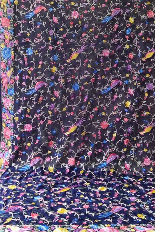 Blue Parsi Hand Embroidered Pure Georgette Dupatta - Luxurion World