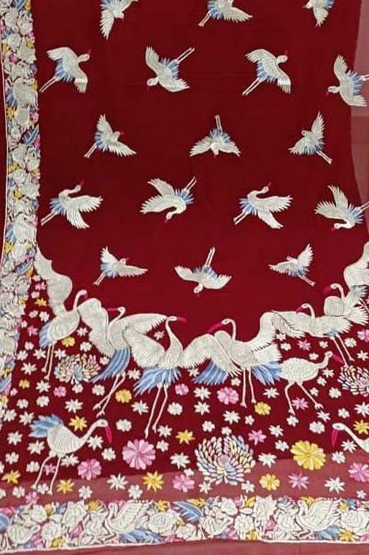 Exquisite Red Parsi Hand Embroidered Georgette Dupatta - Luxurion World