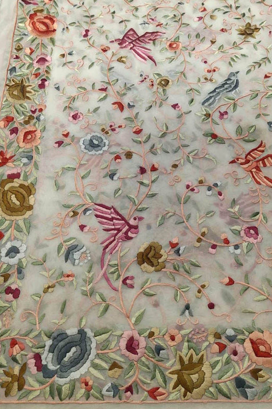 Exquisite Off White Parsi Hand Embroidered Georgette Dupatta