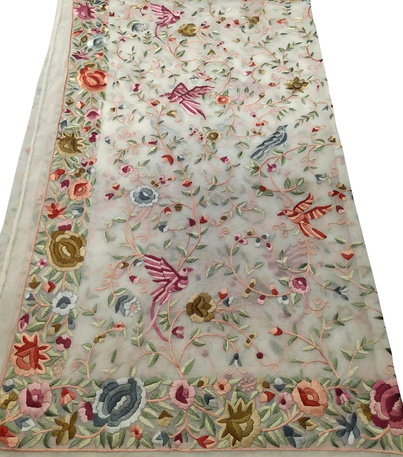 Exquisite Off White Parsi Hand Embroidered Georgette Dupatta - Luxurion World