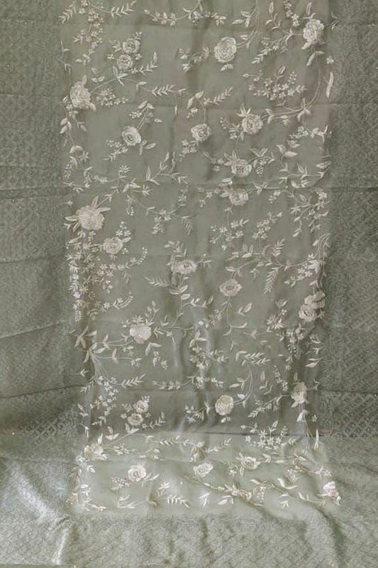 Elegant Grey Parsi Hand Embroidered Georgette Dupatta