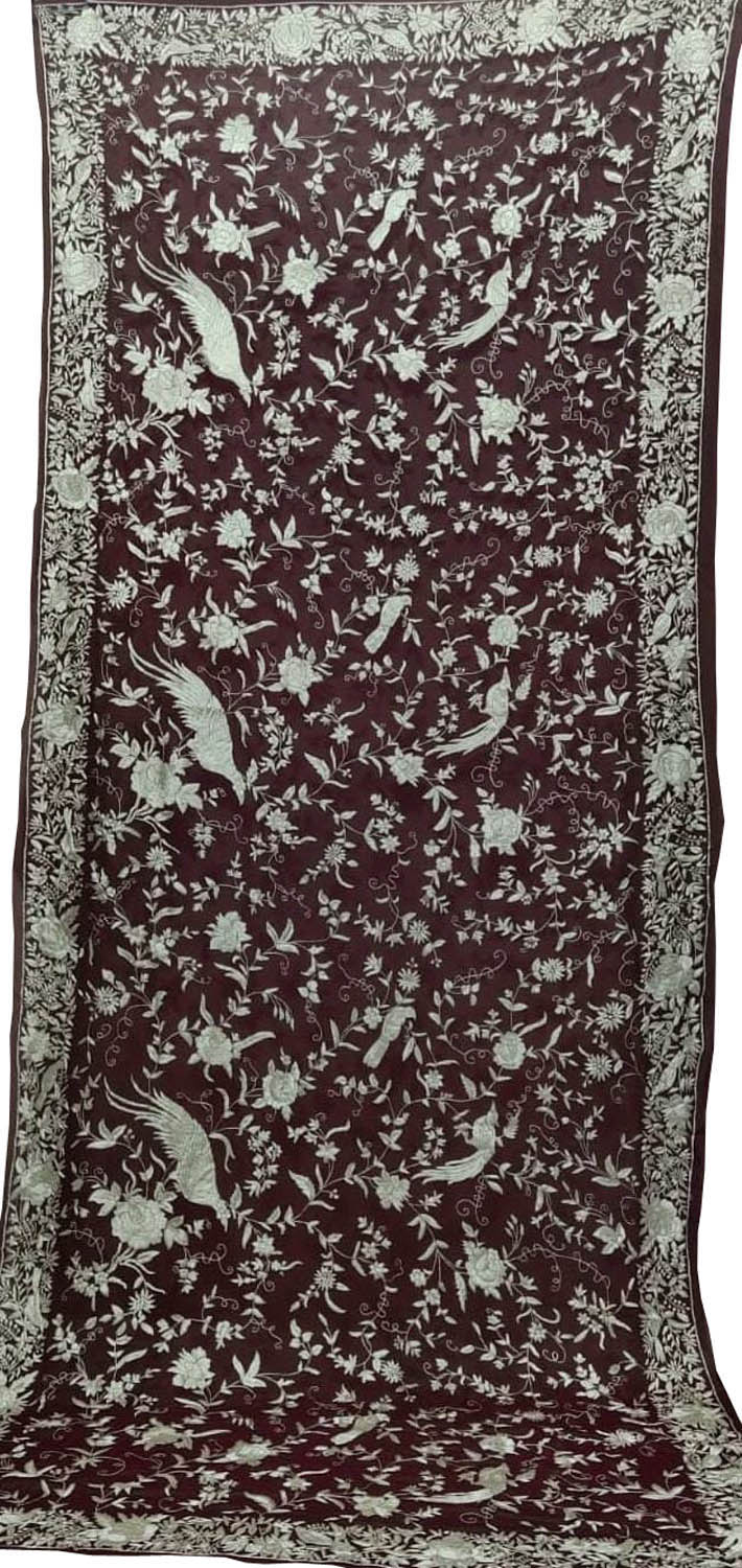 Exquisite Maroon Parsi Hand Embroidered Georgette Dupatta - Luxurion World