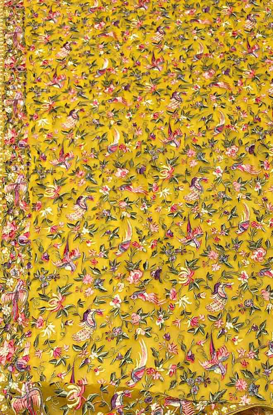 Yellow Embroidered Parsi Georgette Dupatta - Luxurion World