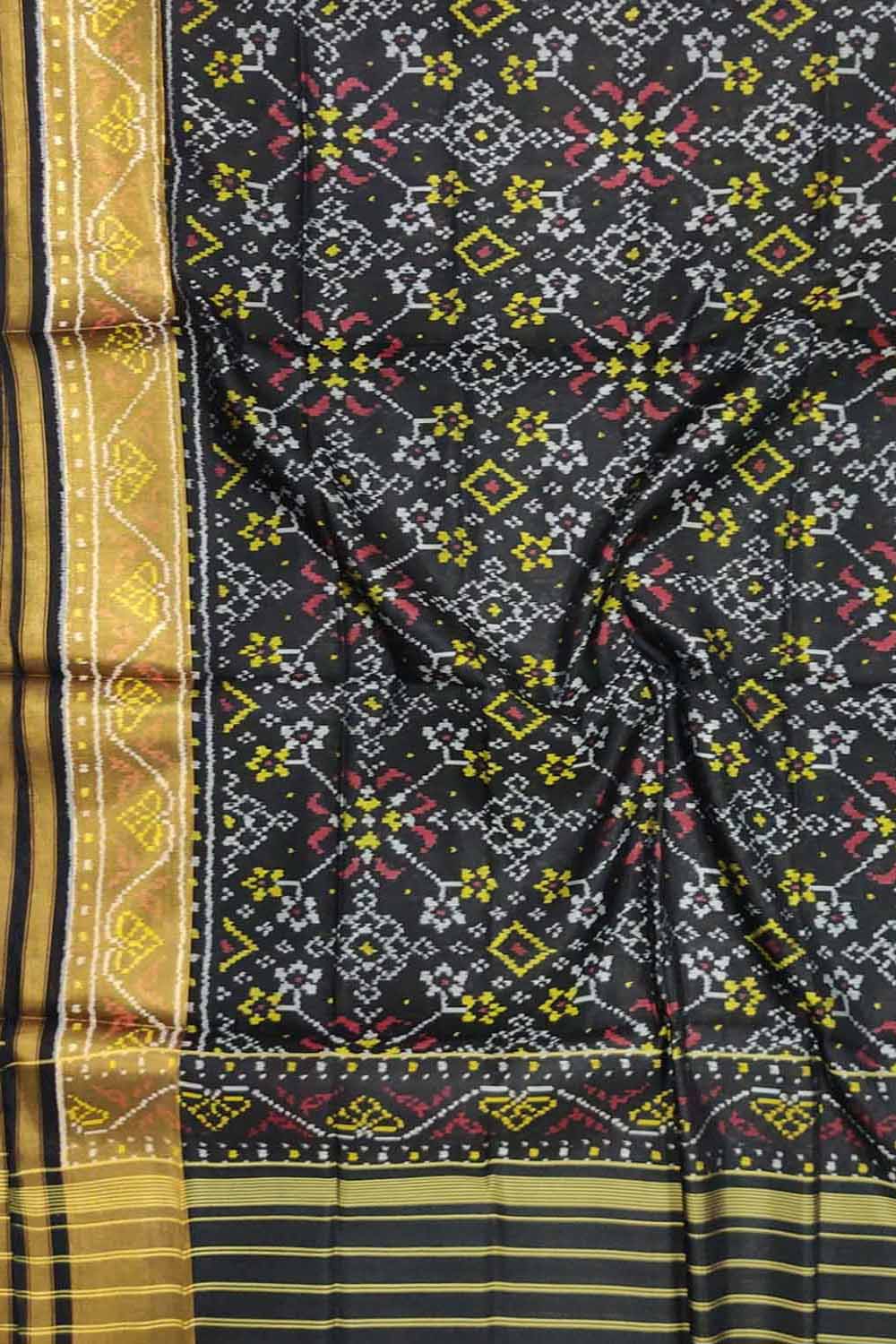 Black Handloom Single Ikat Patola Pure Silk Dupatta - Luxurion World