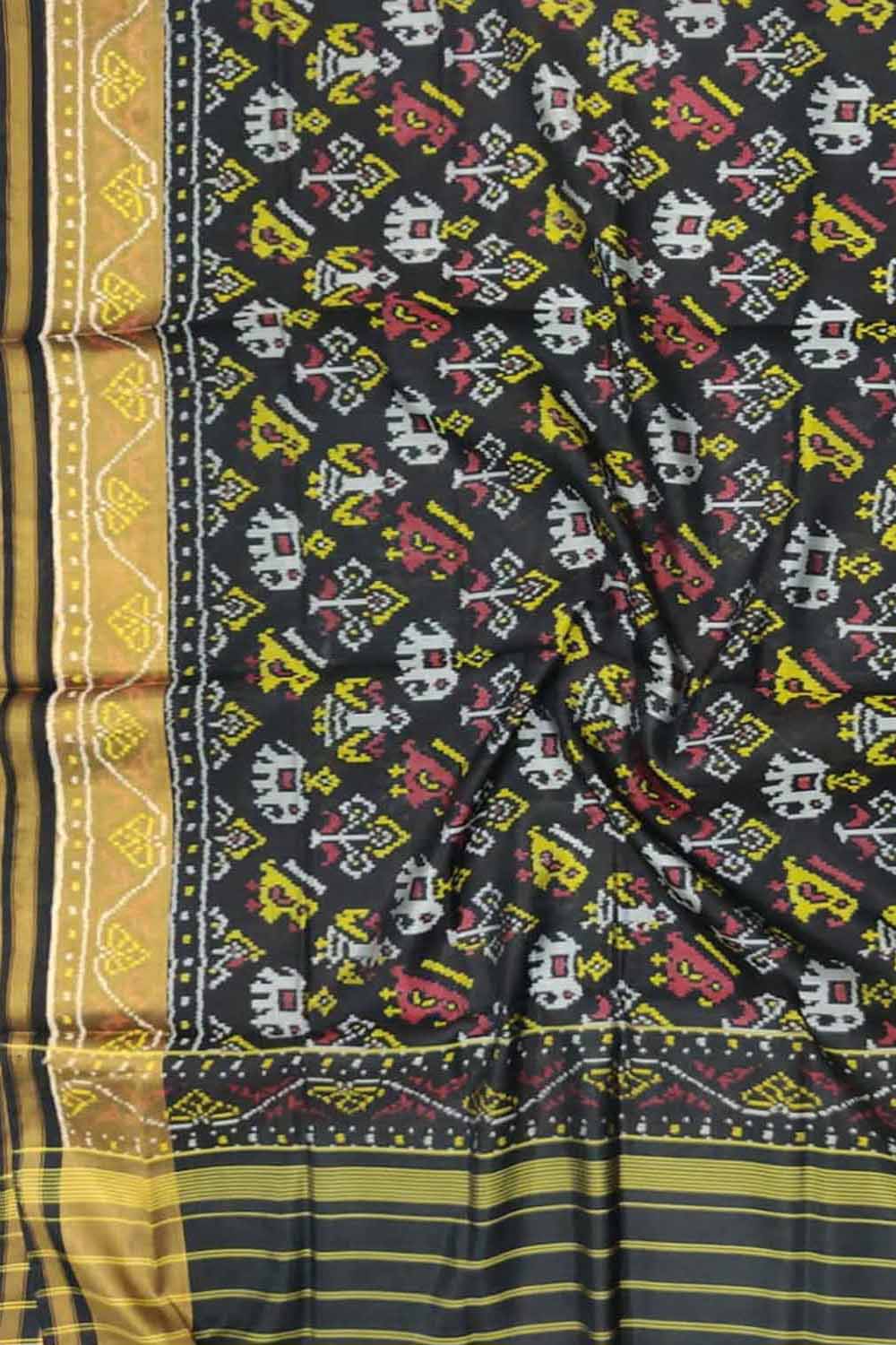 Black Handloom Single Ikat Patola Pure Silk Dupatta - Luxurion World