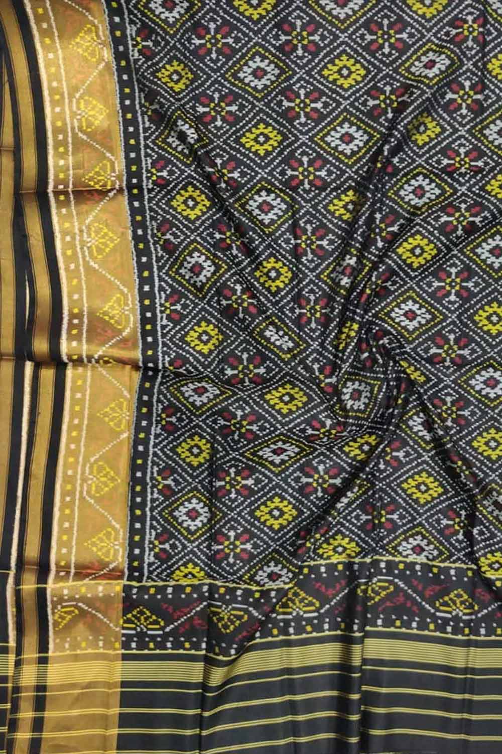 Black Handloom Single Ikat Patola Pure Silk Dupatta - Luxurion World