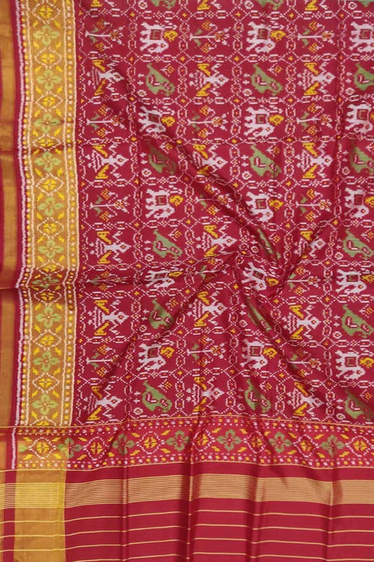 Red Handloom Single Ikat Patola Pure Silk Dupatta - Luxurion World
