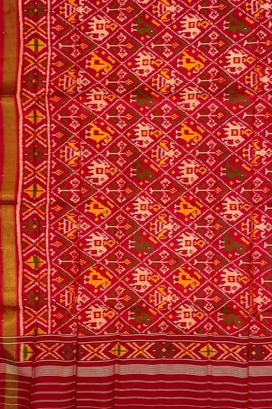 Red Patola Handloom Pure Silk Single Ikat Dupatta - Luxurion World