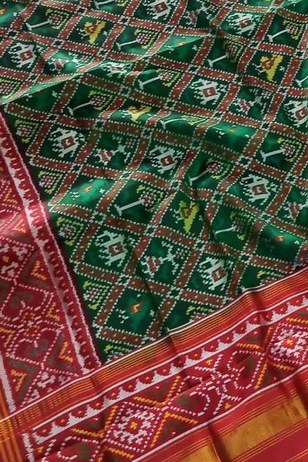 Green Semi Patan Patola Handloom Pure Silk Dupatta - Luxurion World