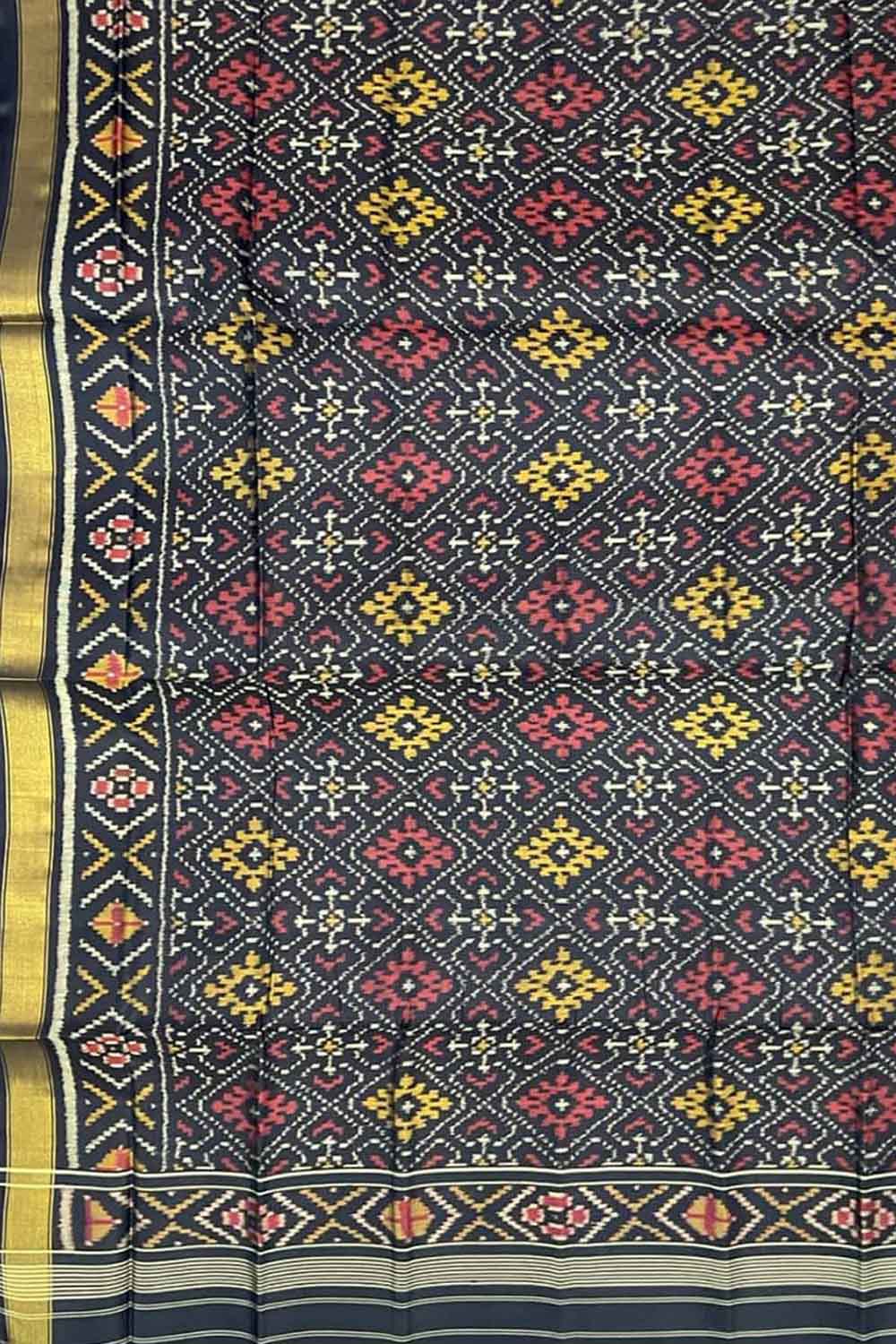 Black Handloom Patola Single Ikat Pure Silk Dupatta - Luxurion World