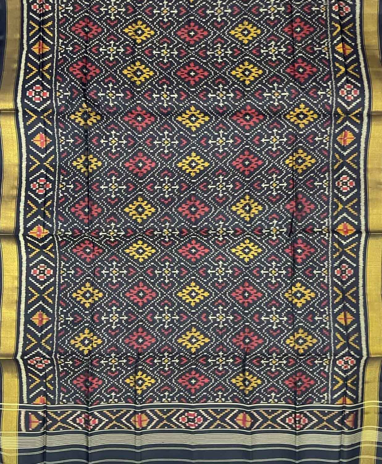 Black Handloom Patola Single Ikat Pure Silk Dupatta - Luxurion World