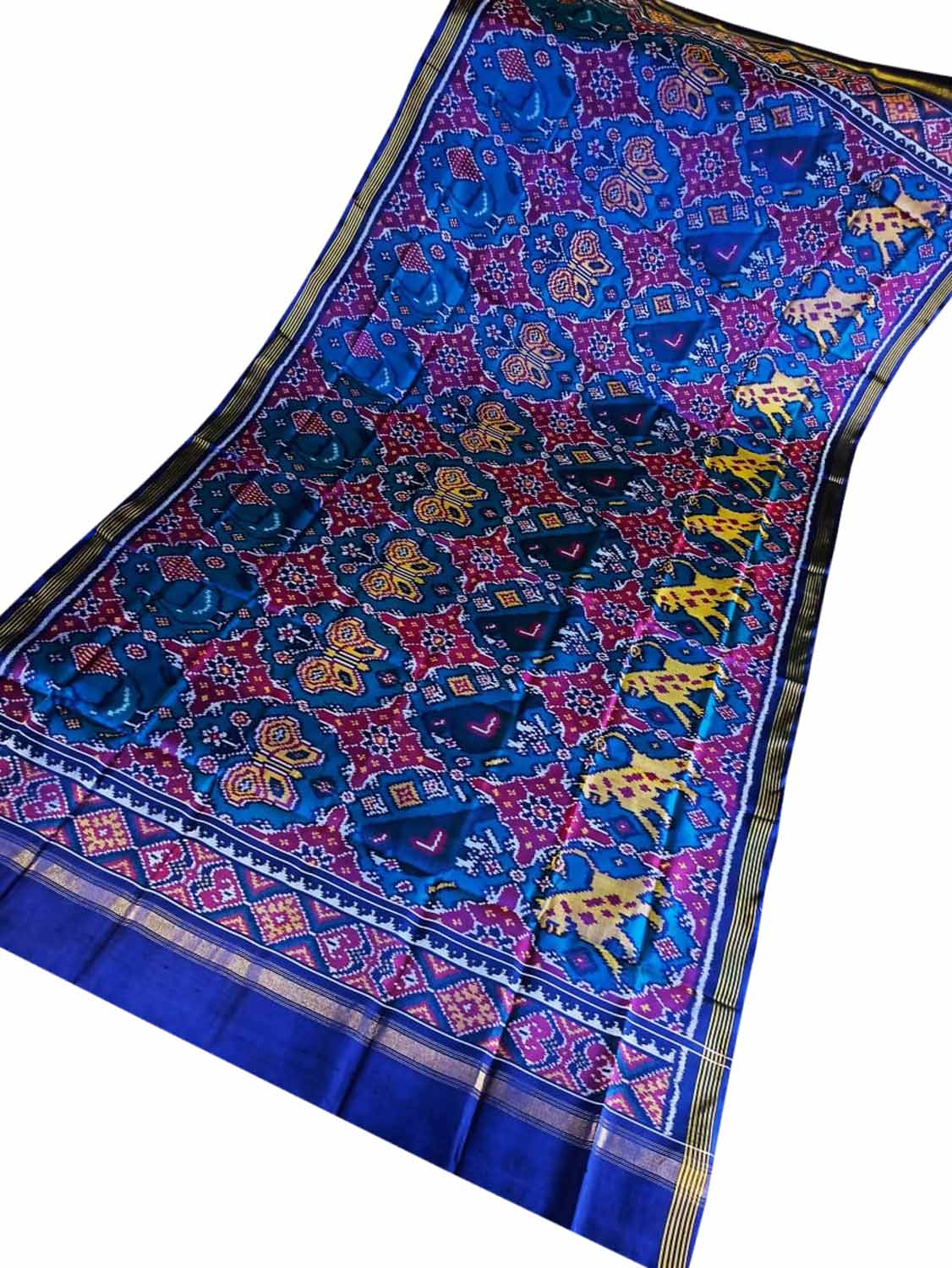 Blue Semi Patan Patola Handloom Pure Silk Dupatta - Luxurion World