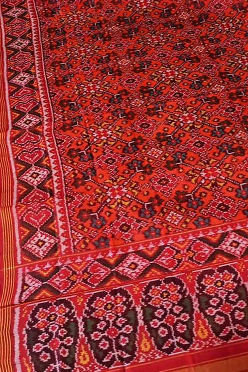 Red Semi Patan Patola Handloom Pure Silk Dupatta - Luxurion World