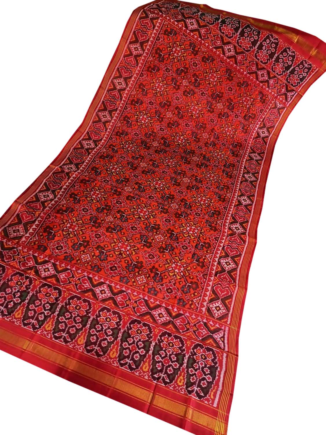 Red Semi Patan Patola Handloom Pure Silk Dupatta - Luxurion World