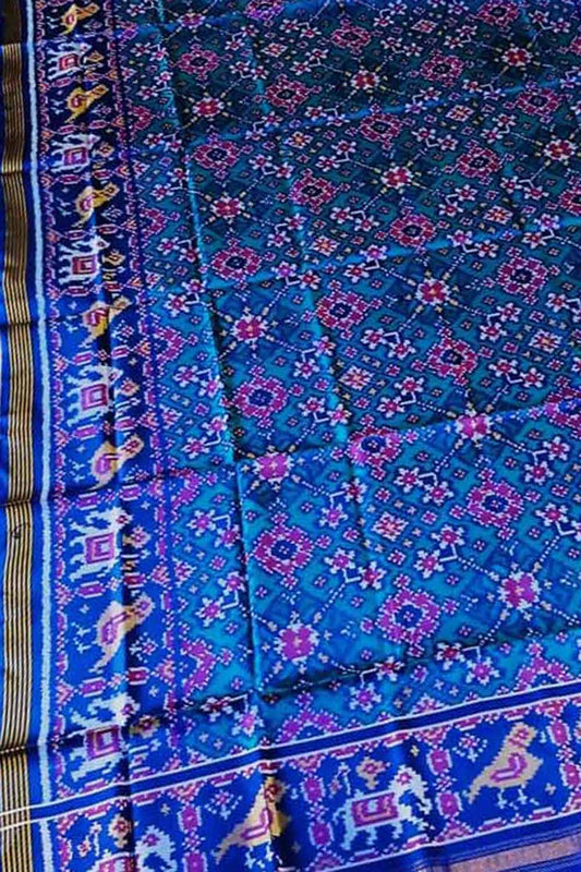 Blue Semi Patan Patola Handloom Pure Silk Dupatta - Luxurion World