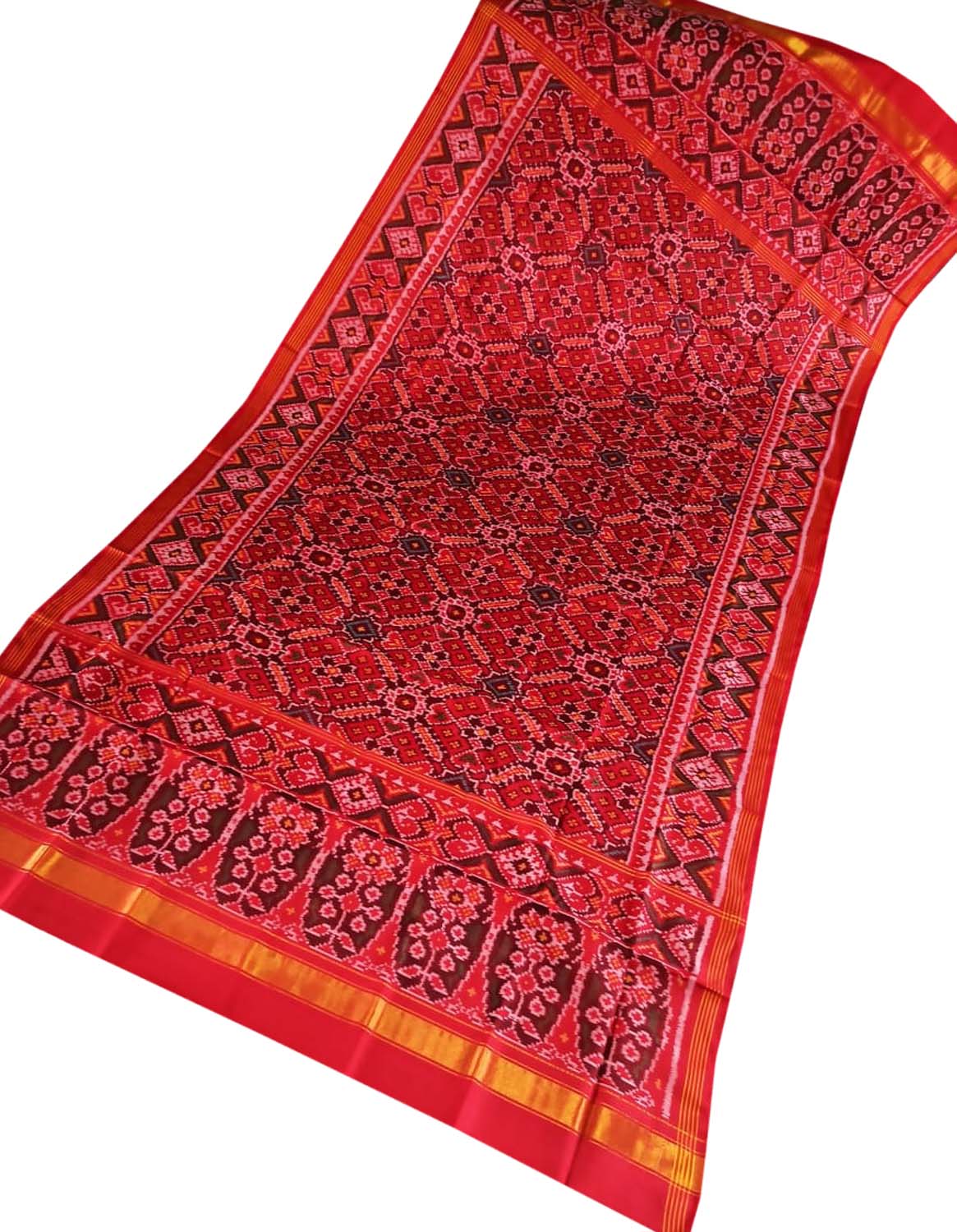Red Semi Patan Patola Handloom Pure Silk Dupatta - Luxurion World
