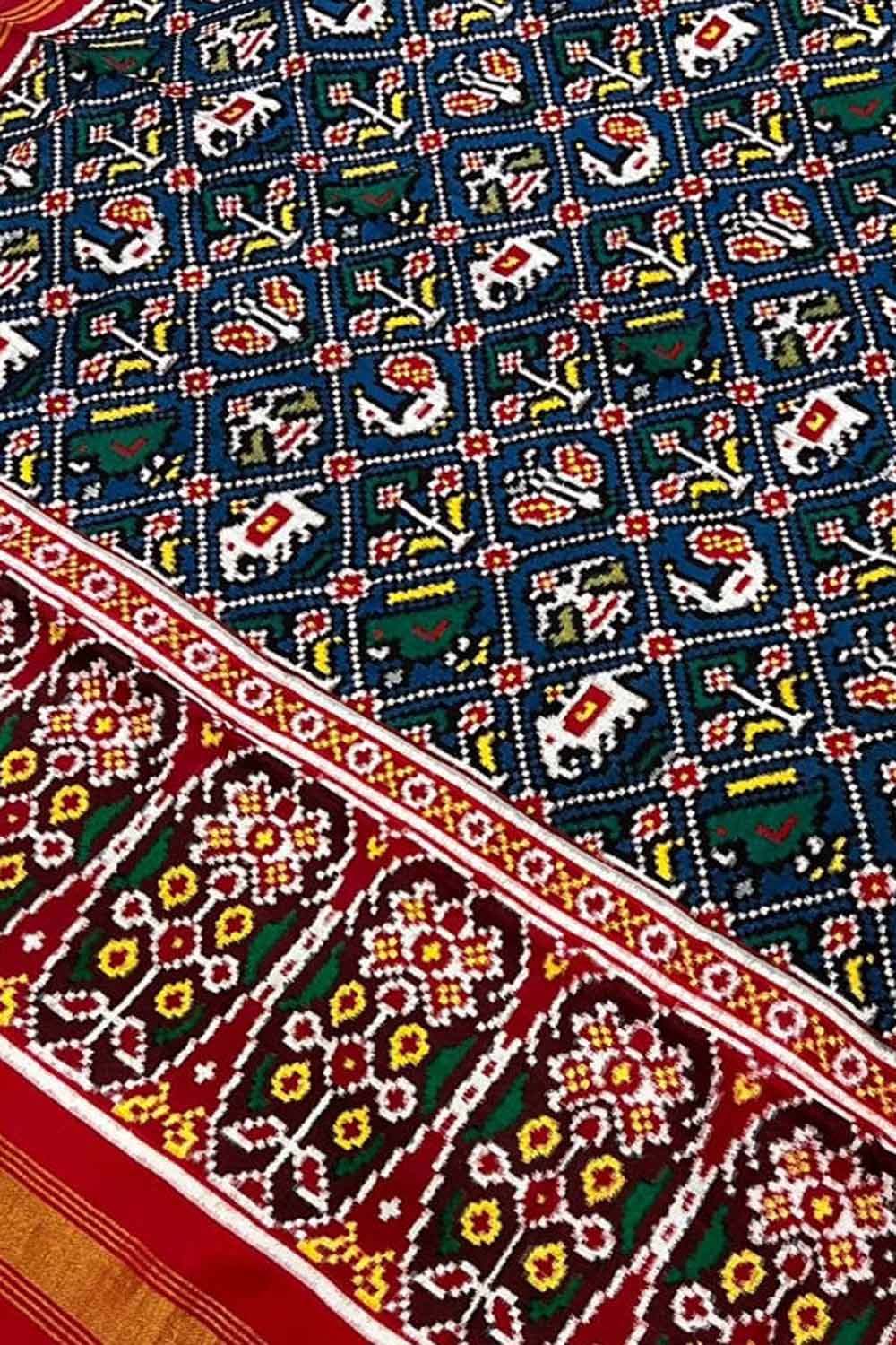 Blue Patan Patola Handloom Pure Silk Double Ikat Dupatta - Luxurion World