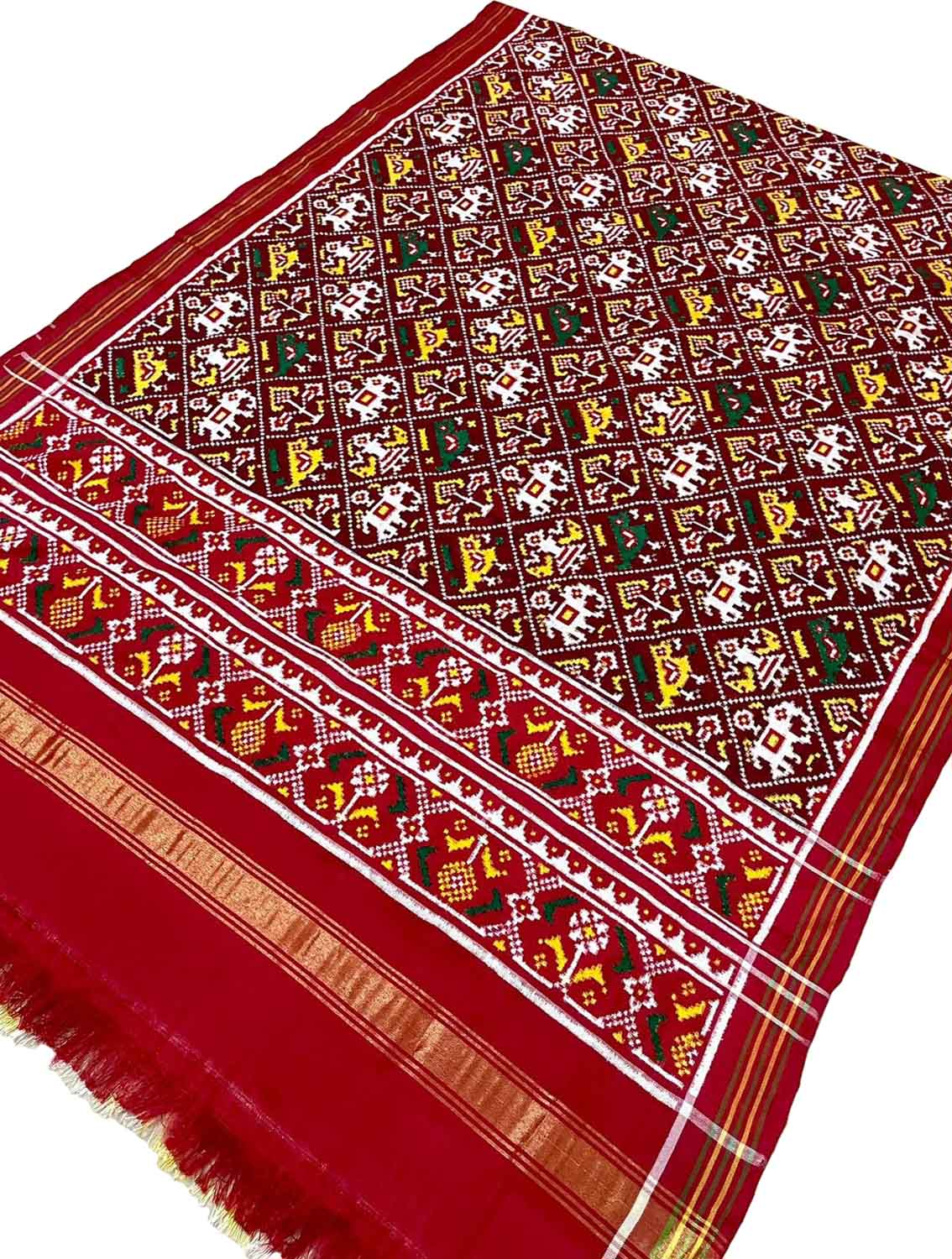 Maroon Patan Patola Handloom Pure Silk Double Ikat Dupatta - Luxurion World