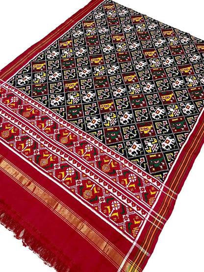 Black Patan Patola Handloom Pure Silk Double Ikat Dupatta