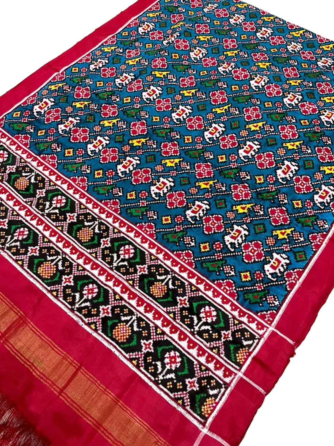 Blue Patan Patola Handloom Pure Silk Double Ikat Dupatta - Luxurion World