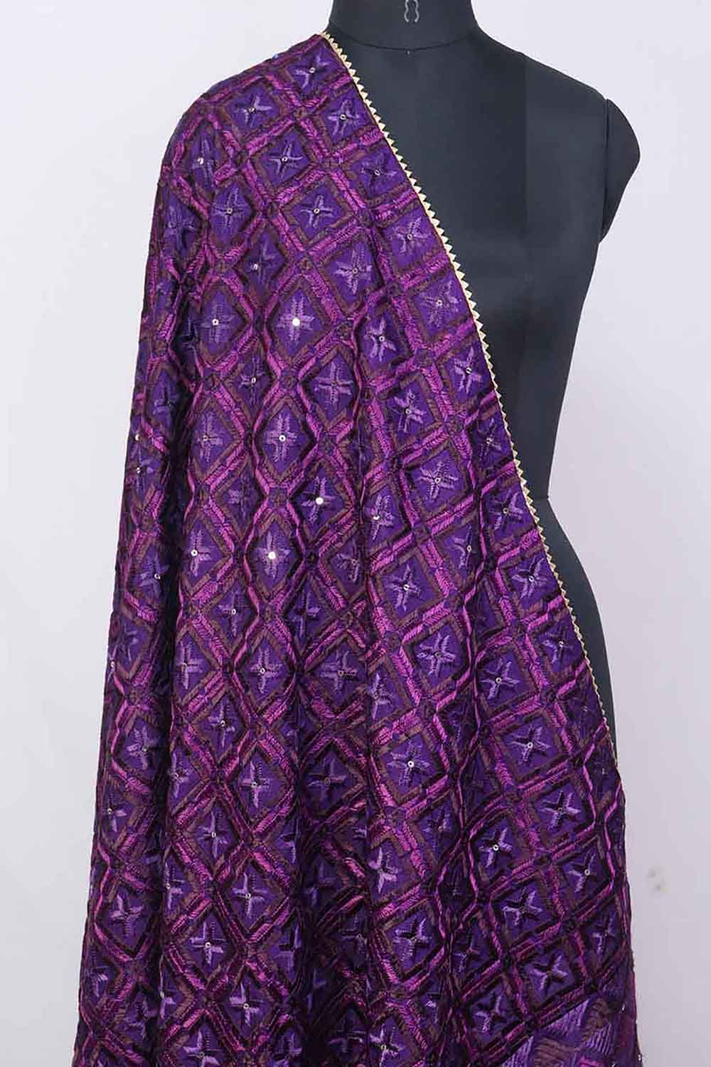 Purple Embroidered Phulkari Muslin Bagh Dupatta - Luxurion World