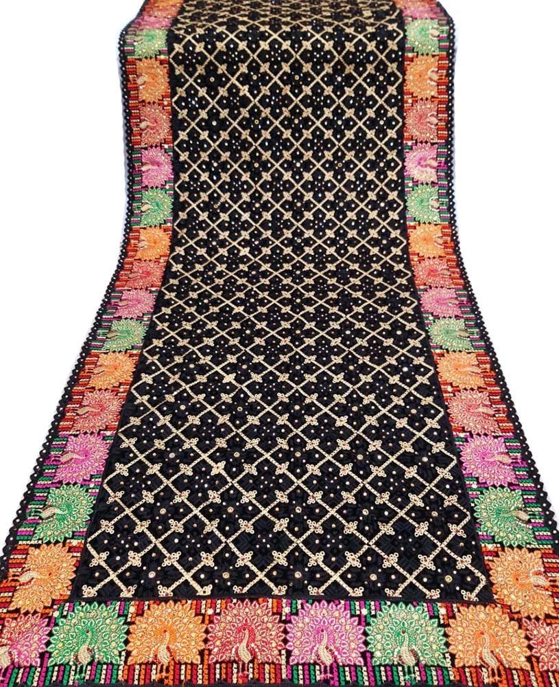 Black Embroidered Phulkari Velvet Dupatta - Luxurion World
