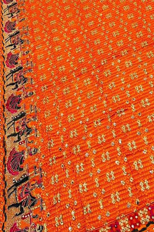 Orange Embroidered Phulkari Chinon Siroski Work Dupatta
