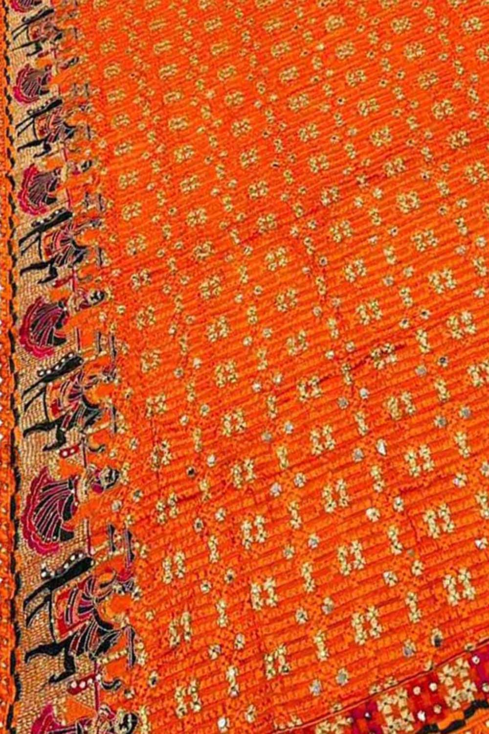 Orange Embroidered Phulkari Chinon Siroski Work Dupatta - Luxurion World