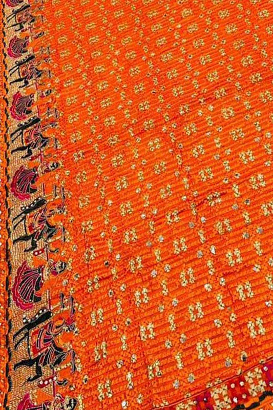 Orange Embroidered Phulkari Chinon Siroski Work Dupatta - Luxurion World
