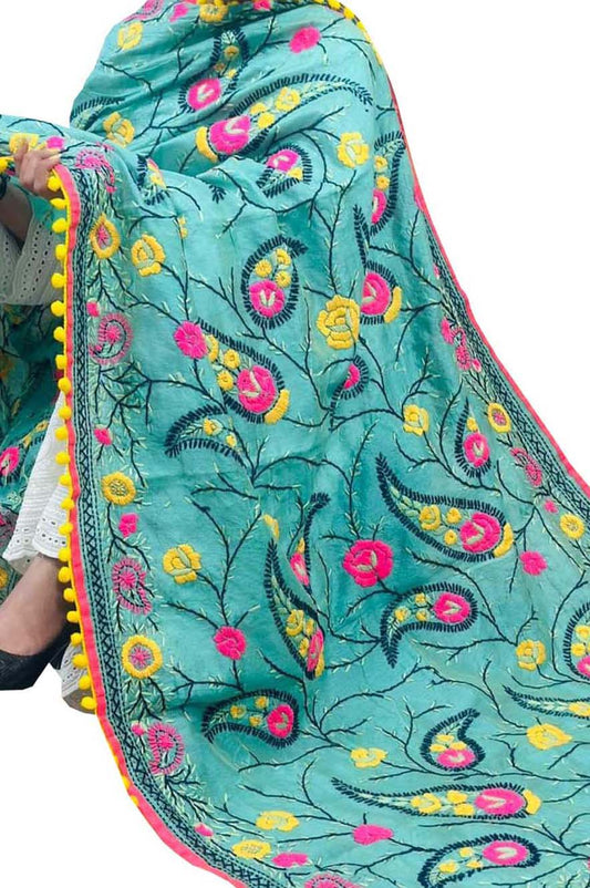 Blue Phulkari Embroidered Chanderi Silk Dupatta - Luxurion World