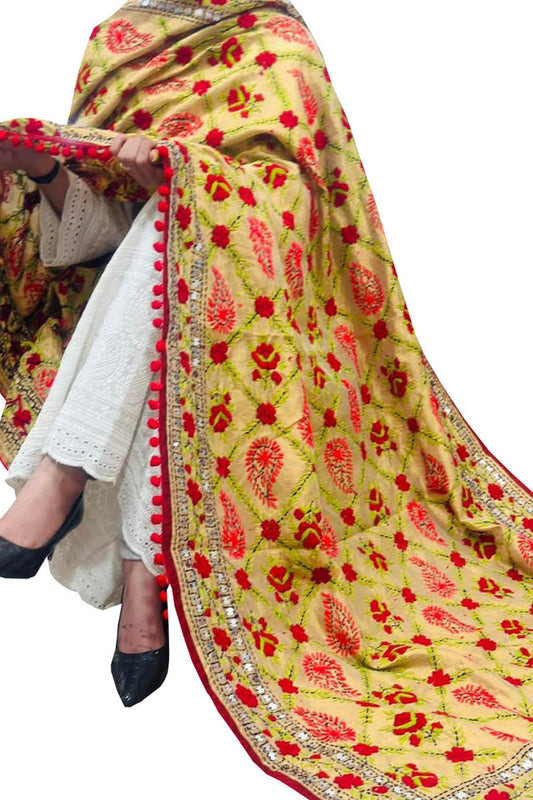 Yellow Phulkari Embroidered Chanderi Silk Dupatta - Luxurion World