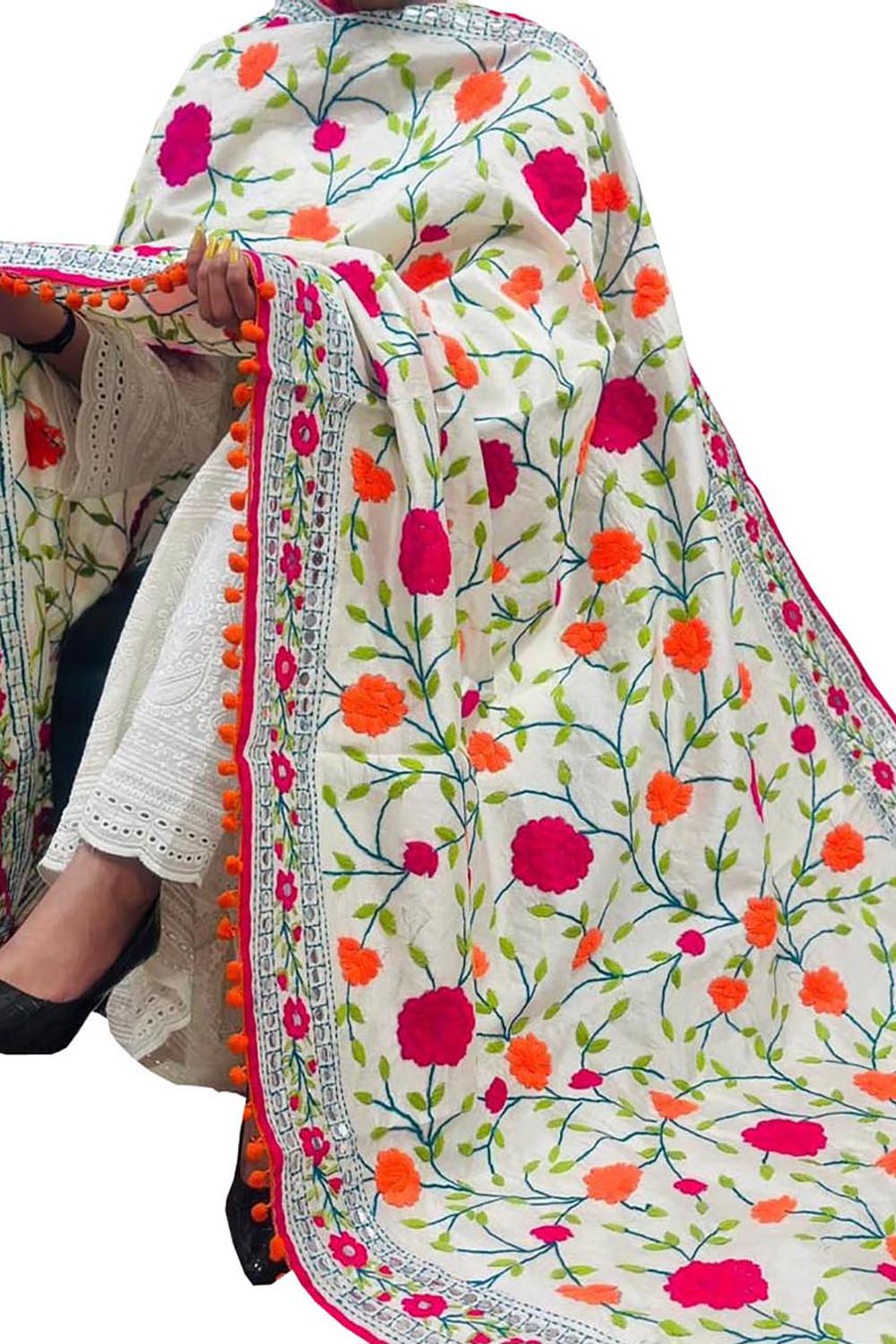 Off White Phulkari Embroidered Chanderi Silk Dupatta - Luxurion World