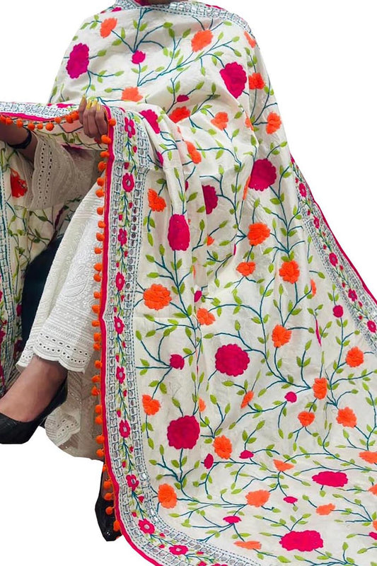 Off White Phulkari Embroidered Chanderi Silk Dupatta - Luxurion World