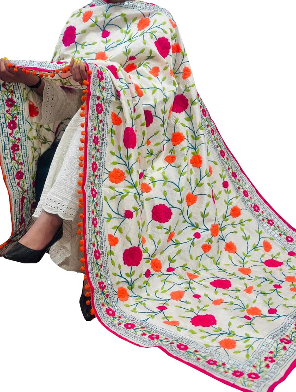 Off White Phulkari Embroidered Chanderi Silk Dupatta - Luxurion World