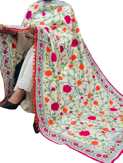 Off White Phulkari Embroidered Chanderi Silk Dupatta - Luxurion World