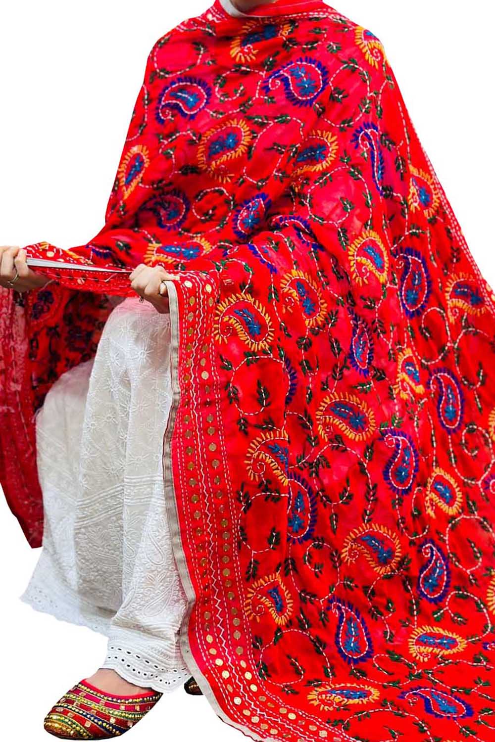 Hand Embroidered Red Phulkari Georgette Dupatta: Stunning Accessory - Luxurion World