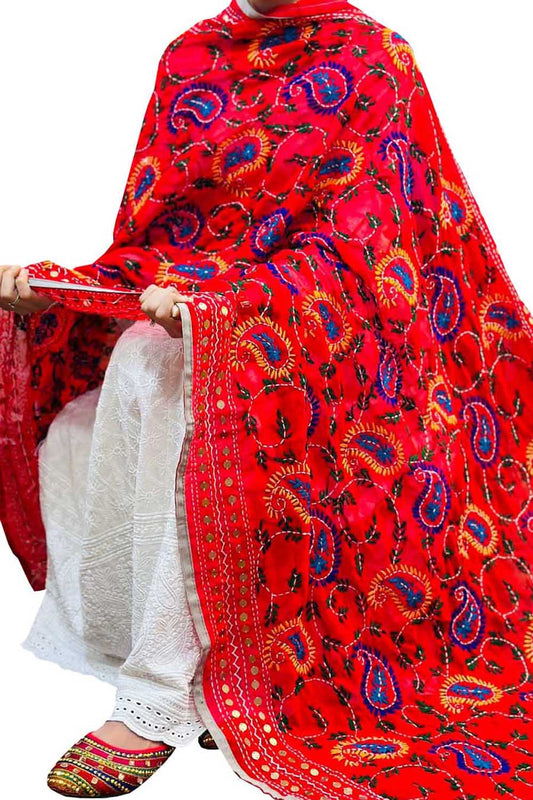 Hand Embroidered Red Phulkari Georgette Dupatta: Stunning Accessory - Luxurion World