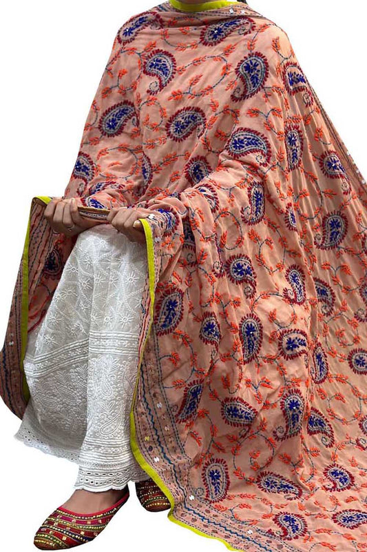 Hand Embroidered Georgette Dupatta in Exquisite Pastel Phulkari Design - Luxurion World