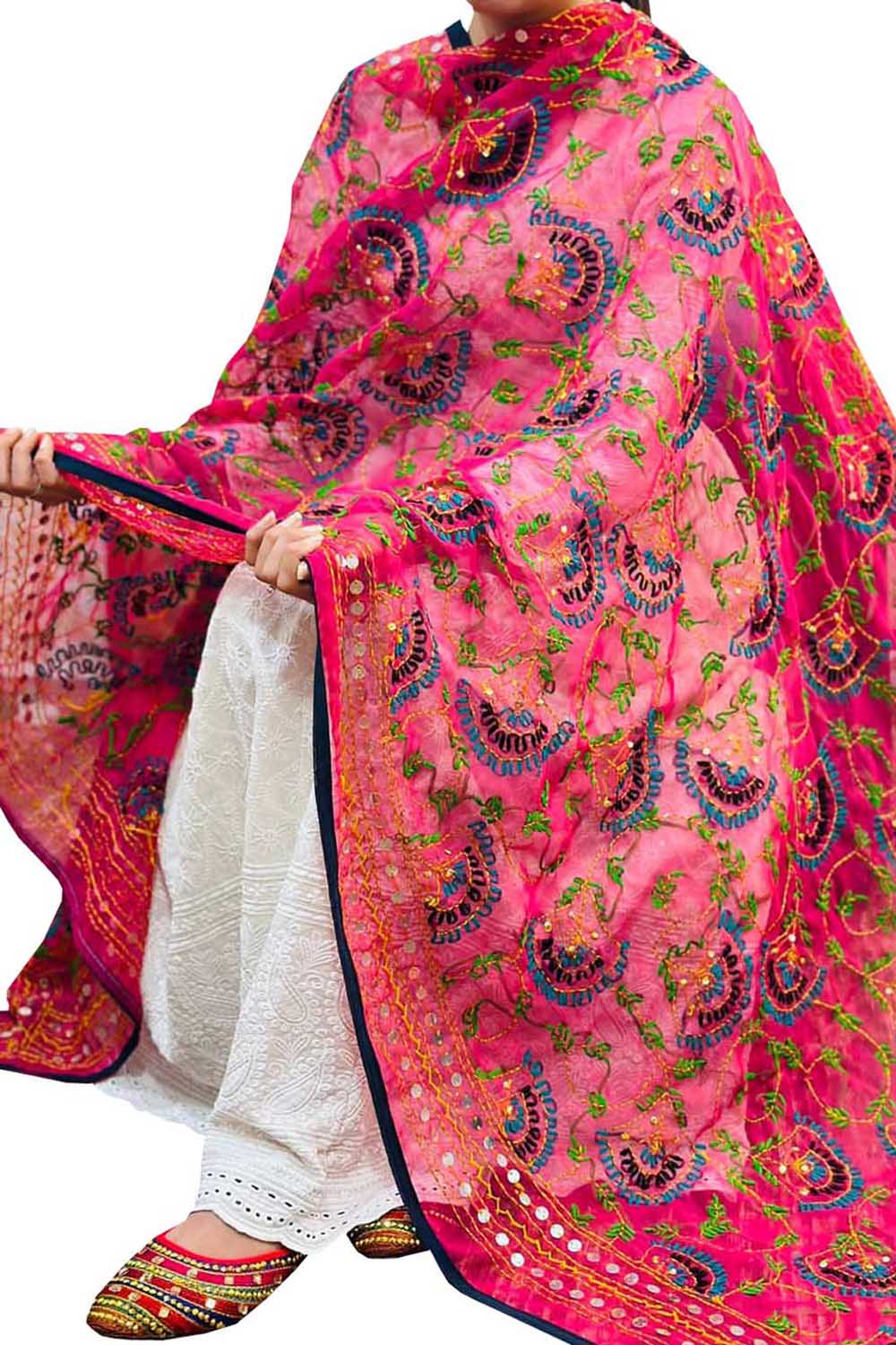 Hand-Embroidered Pink Phulkari Georgette Dupatta: Stunning Addition to Your Wardrobe - Luxurion World