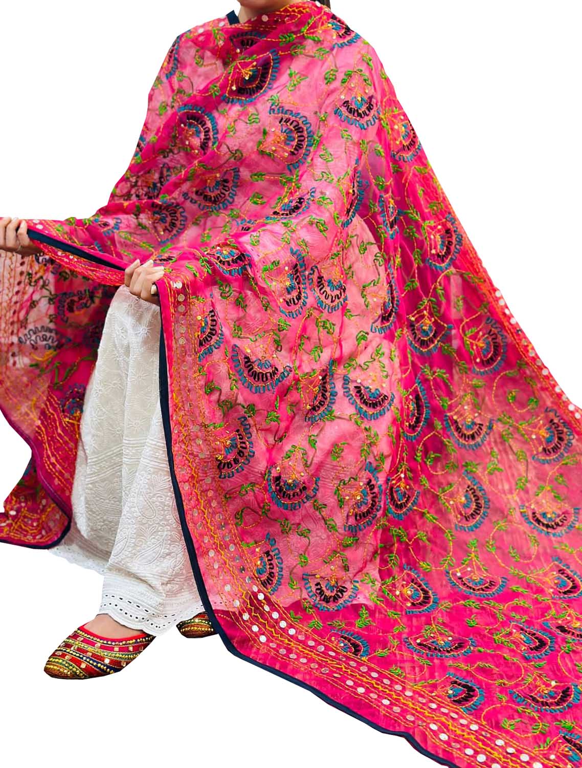 Hand-Embroidered Pink Phulkari Georgette Dupatta: Stunning Addition to Your Wardrobe - Luxurion World