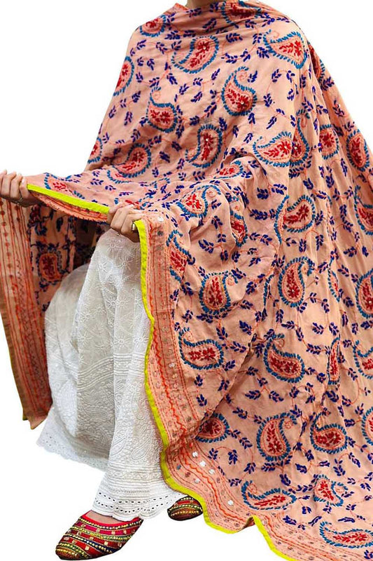 Hand Embroidered Pastel Phulkari Georgette Dupatta - Exquisite Beauty - Luxurion World