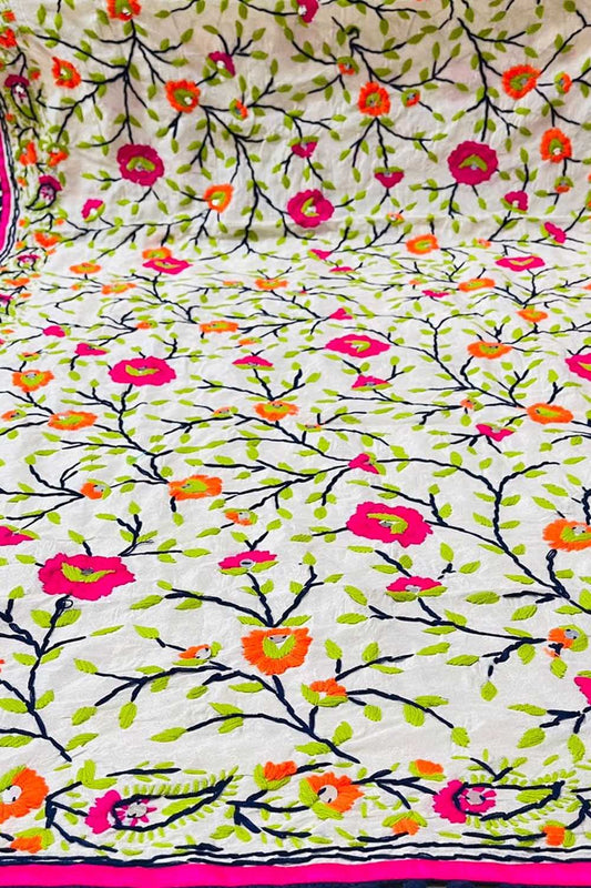 Off White Phulkari Hand Embroidered Raw Silk Dupatta - Luxurion World