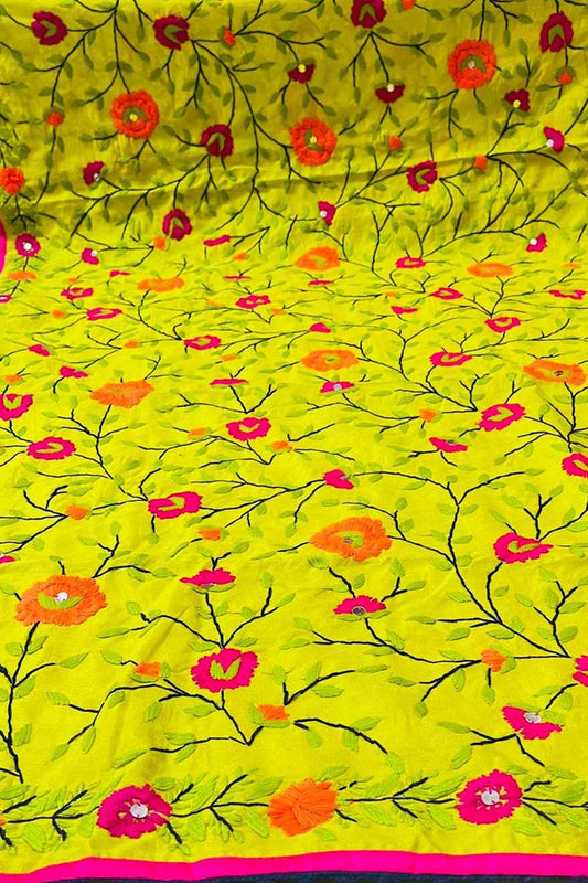 Yellow Phulkari Hand Embroidered Raw Silk Dupatta - Luxurion World