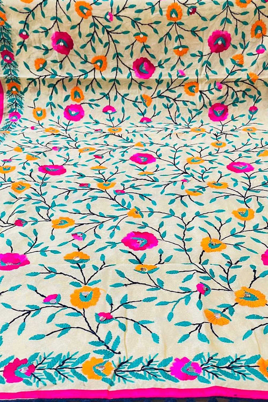 Off White Phulkari Hand Embroidered Raw Silk Dupatta - Luxurion World