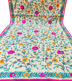 Off White Phulkari Hand Embroidered Raw Silk Dupatta - Luxurion World
