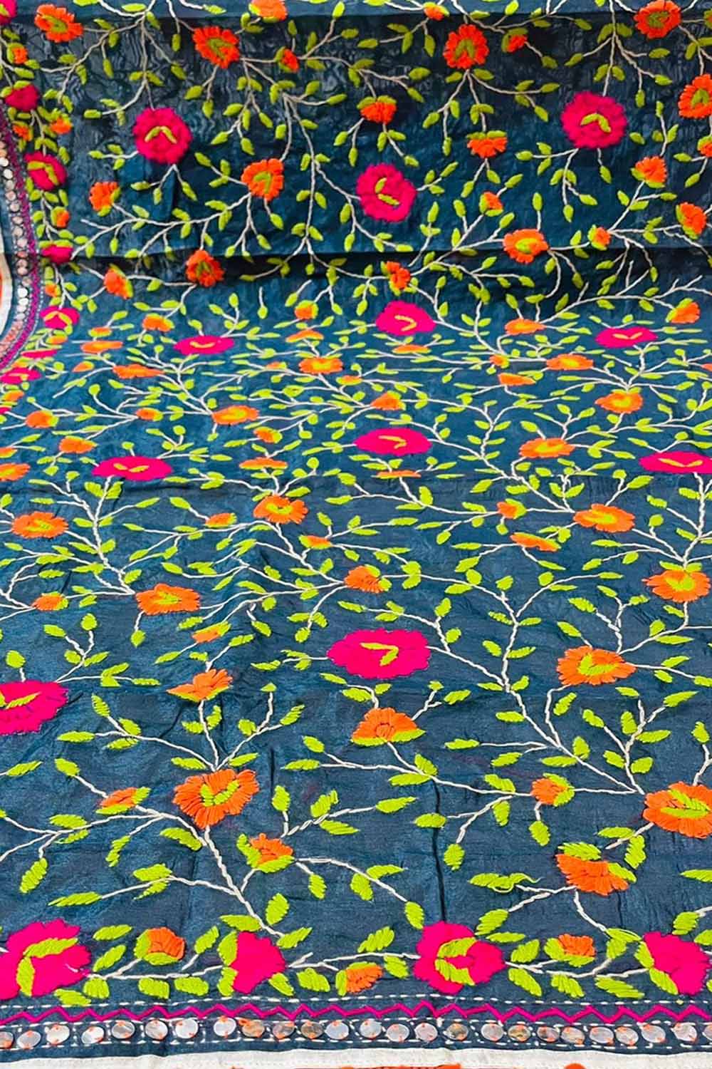 Blue Phulkari Hand Embroidered Raw Silk Dupatta - Luxurion World